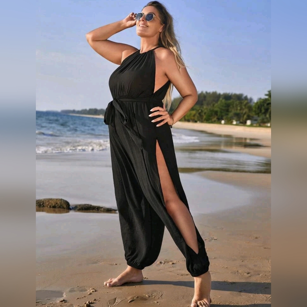 **SOLD** Split Thigh Belted Halter Neck Cover Up Jumpsuit